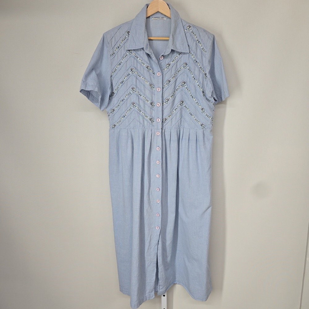 Vintage Blue Button Front Embroidered Chevron Midi Dress Womens L
